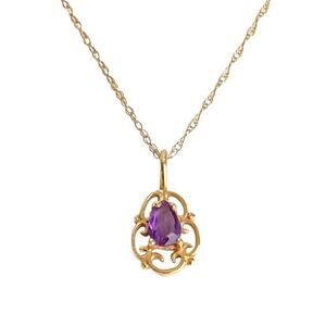Vintage 14K Gold Amethyst Necklace Purple Scroll Pendant Dainty 10k 18” Chain‎